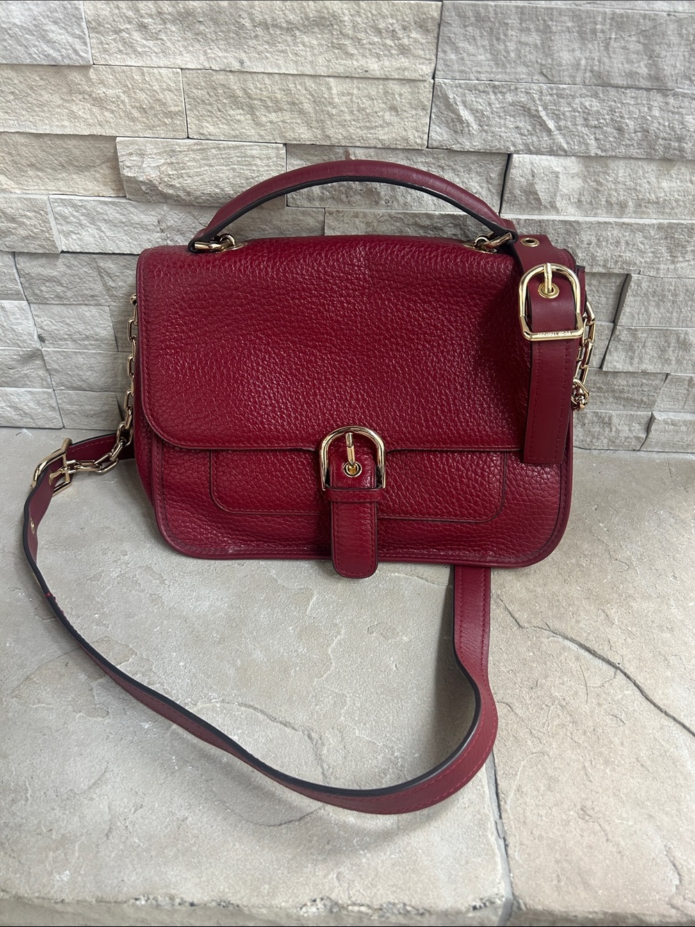 Michael Kors Deep Red Pebbled Leather Shoulder Bag with Gold Hardware